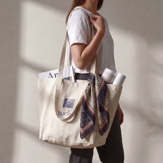 Bolsa de asas largas de algodón reciclado personalizada