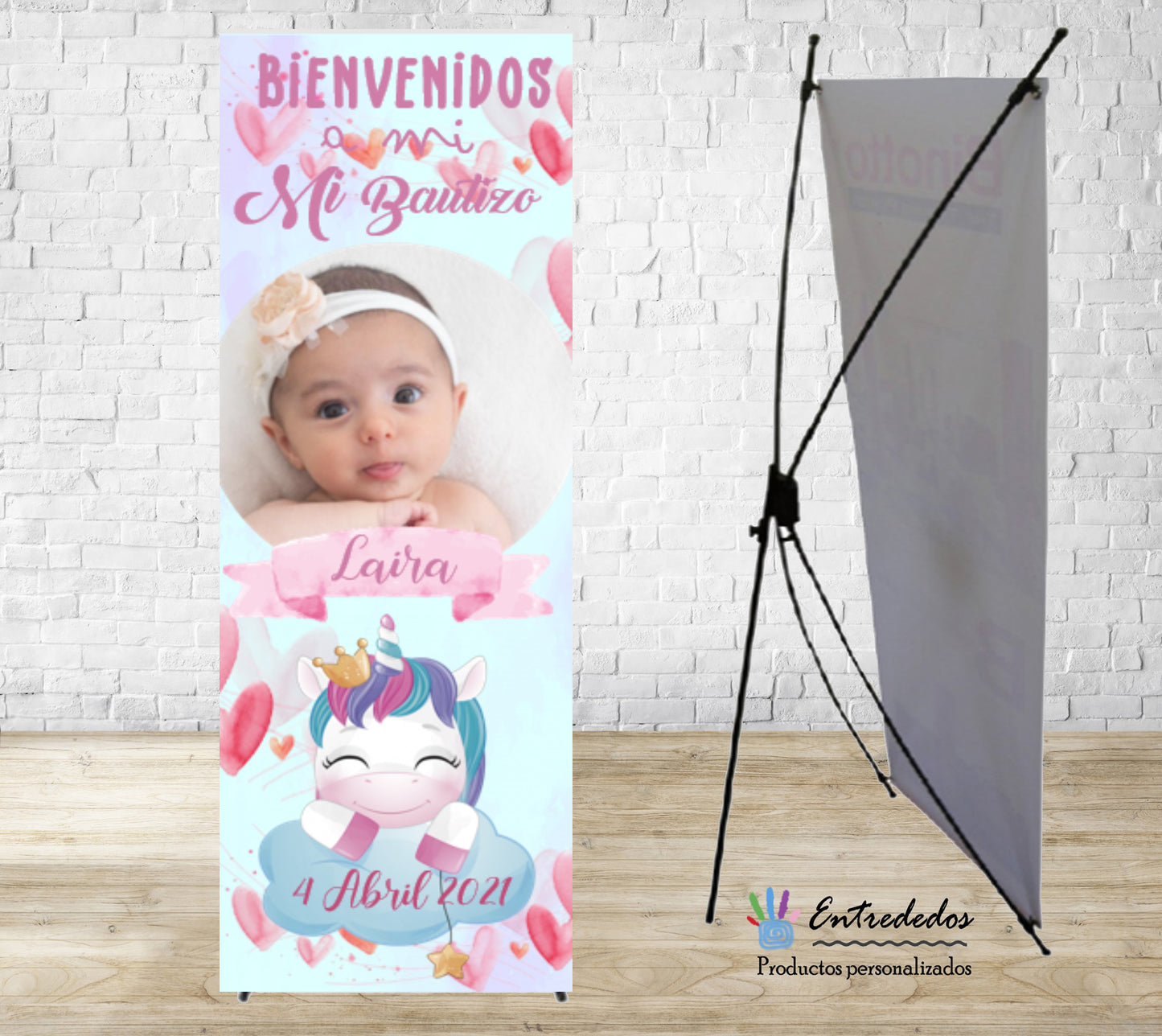 Banner para niños en tonos rosas con diseño Unicornio