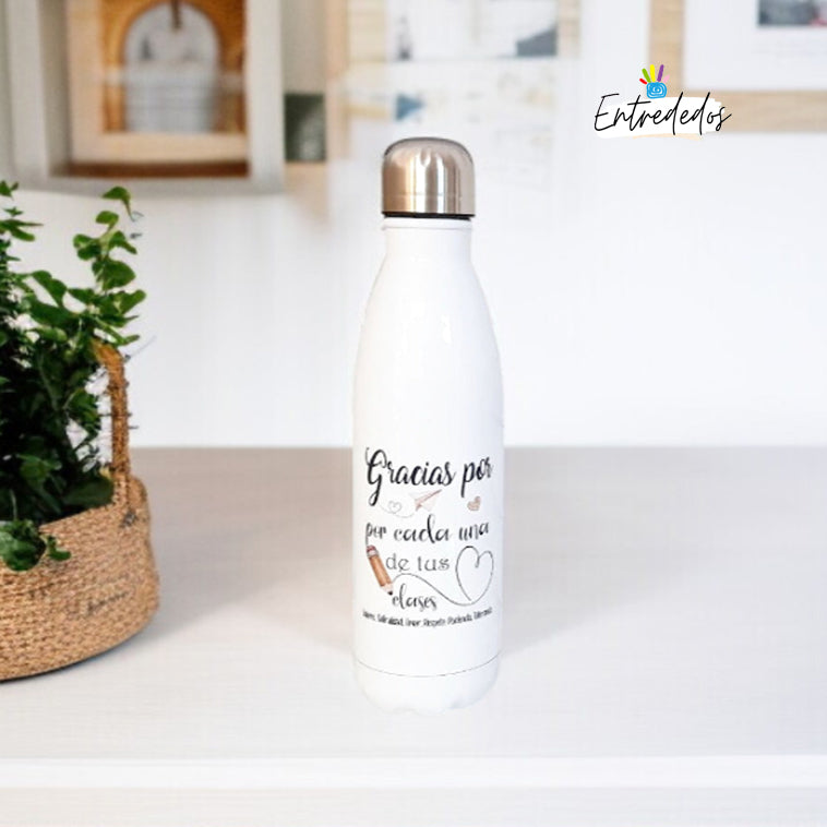 Botella reutilizable personalizada con nombre y mensaje de agradecimiento