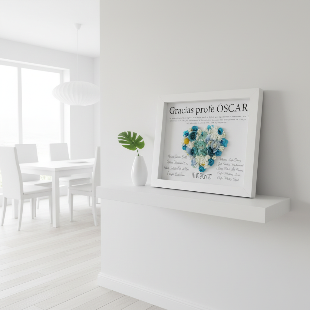 Regalo para Profesoras - Cuadro blanco con detalles en madera y flores