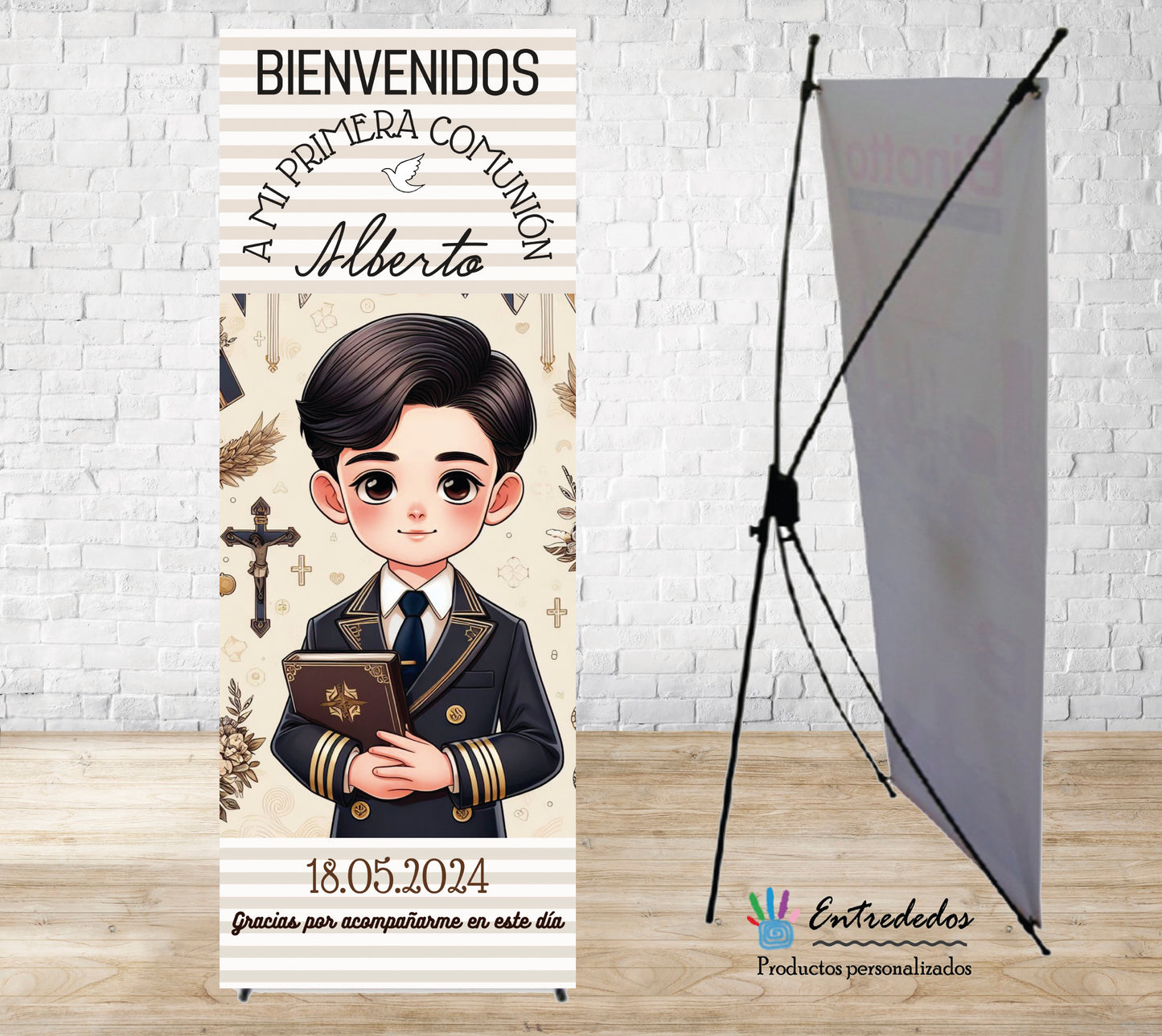Banner de ilustraciones con muñec@s vestidos de comunión