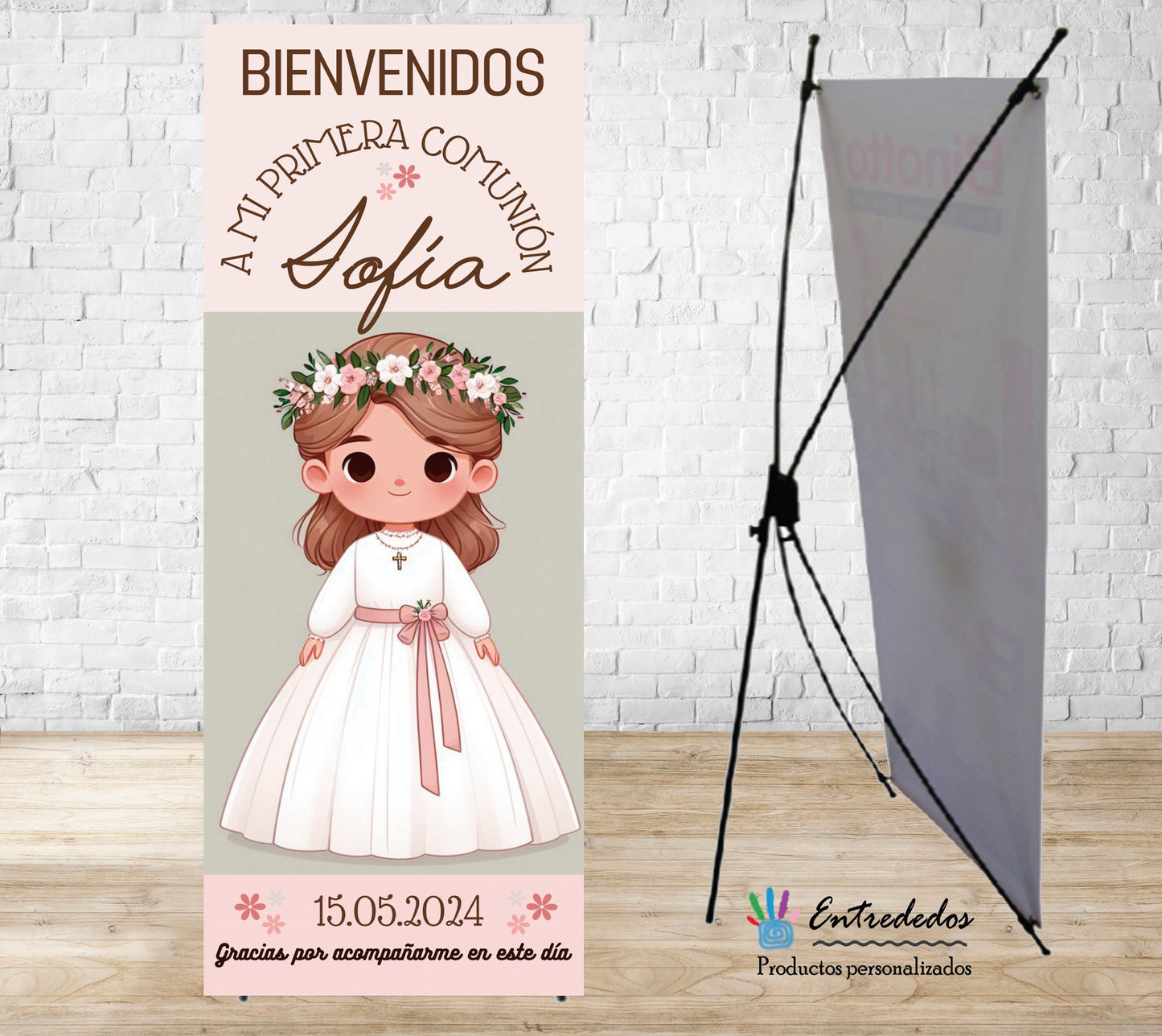 Banner de ilustraciones con muñec@s vestidos de comunión