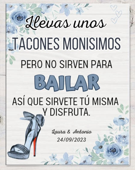 Cartel decorativo tacones con diseño floral en tonos azules