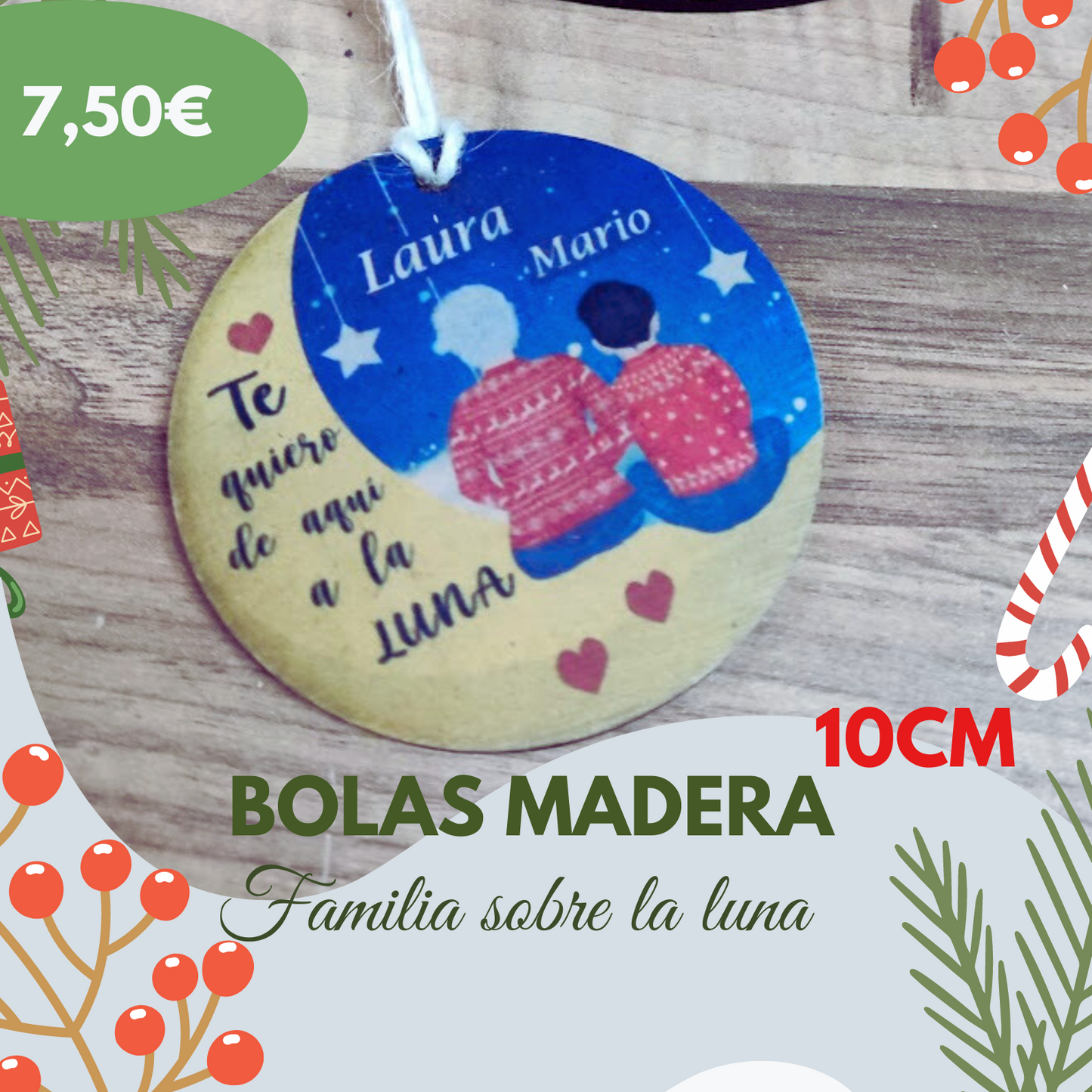 🎄 Bola madera personalizada 🎄 Familia sobre la luna