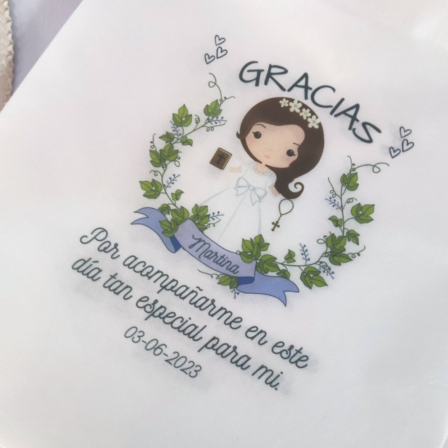 Bolsas personalizadas para comunión para niñas diseño florecillas verdes