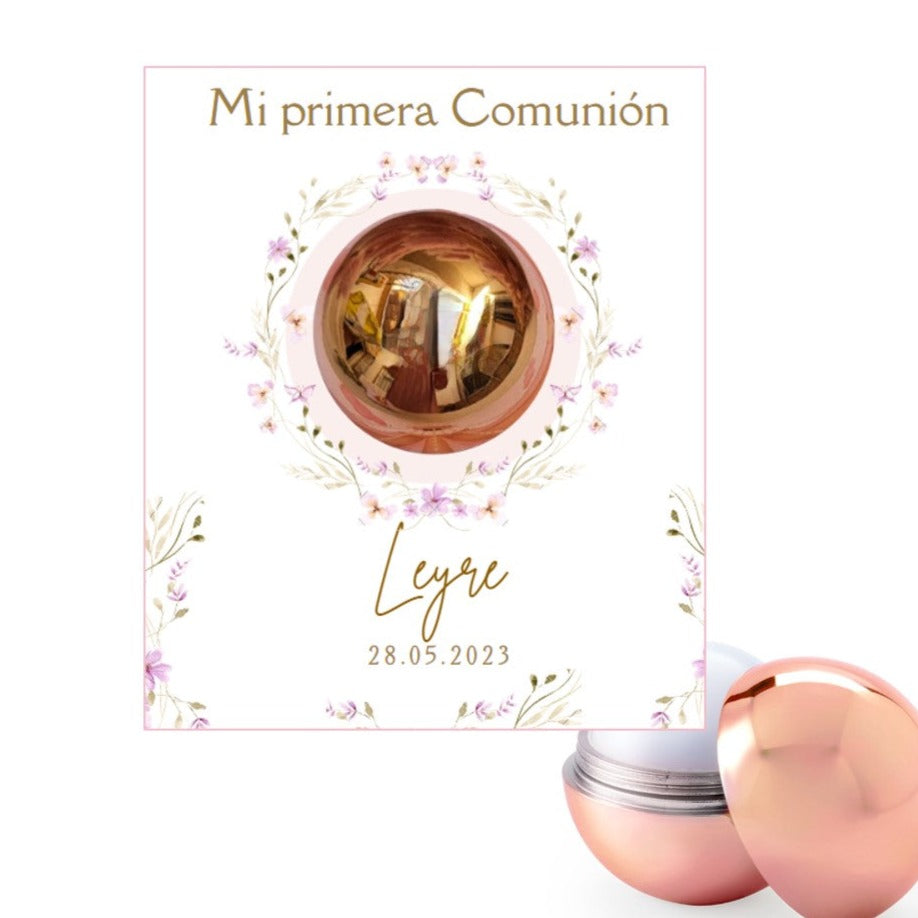 Bálsamo labial en forma de bola con tarjeta