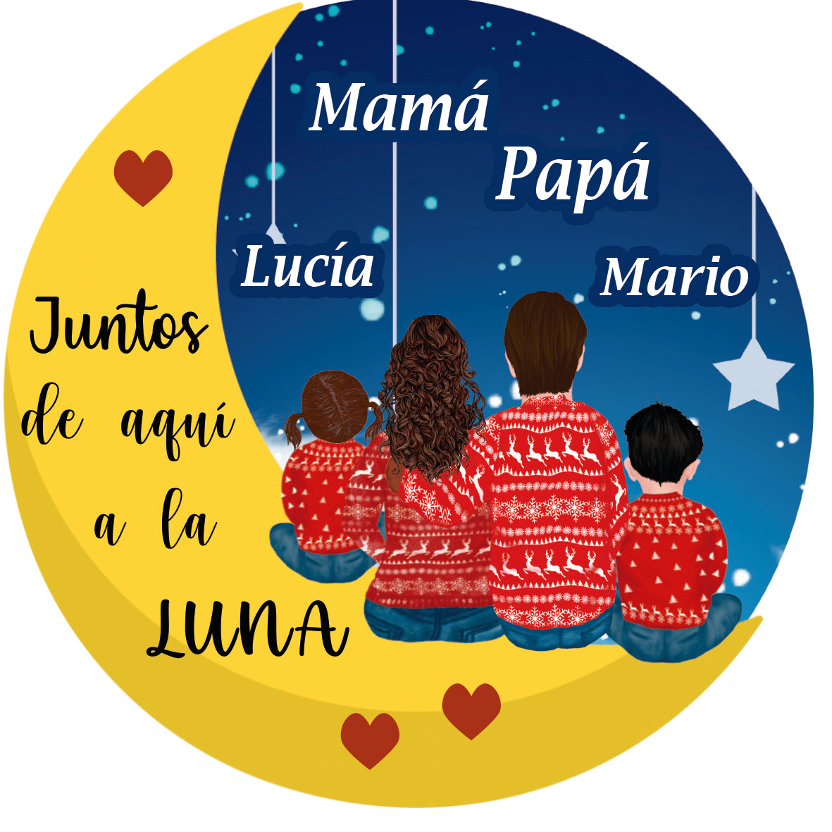 🎄 Bola madera personalizada 🎄 Familia sobre la luna
