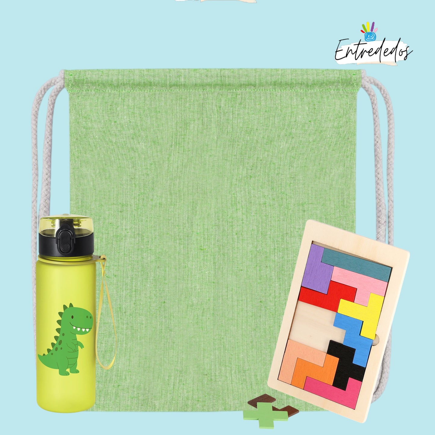 Lote infantil personalizado con mochila, juego de madera y botella