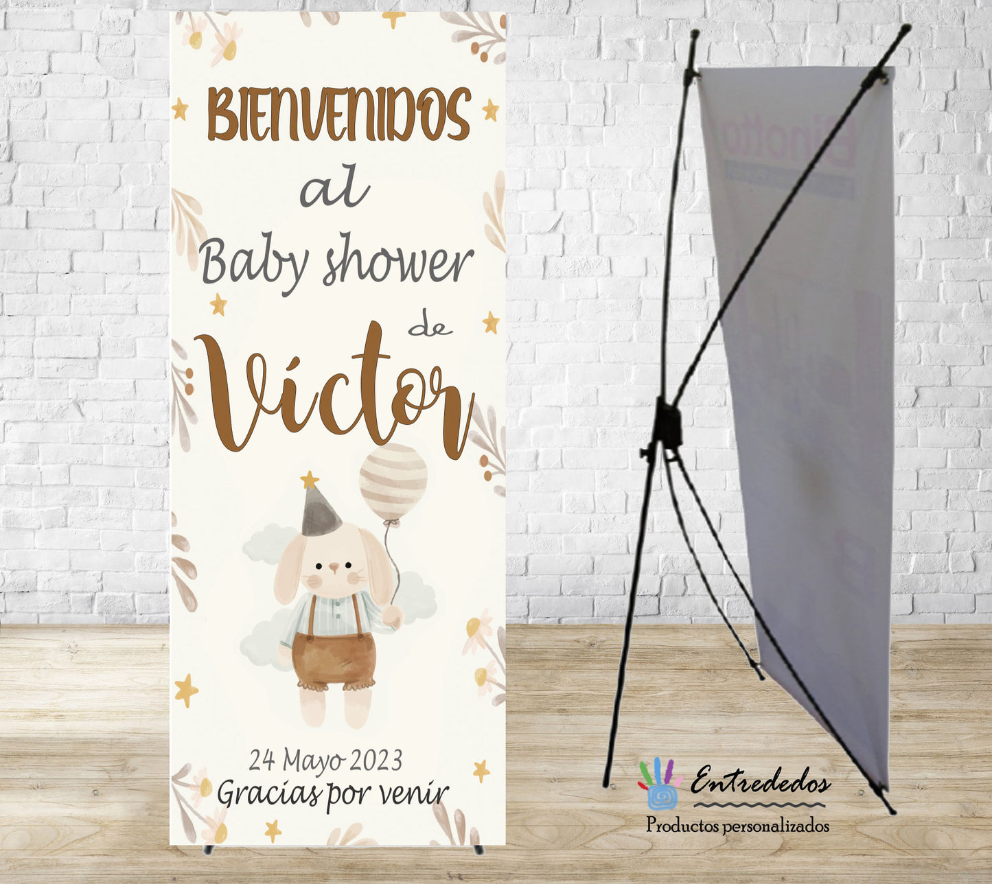 Banner para niños en tonos tostados con diseño Conejito con globo