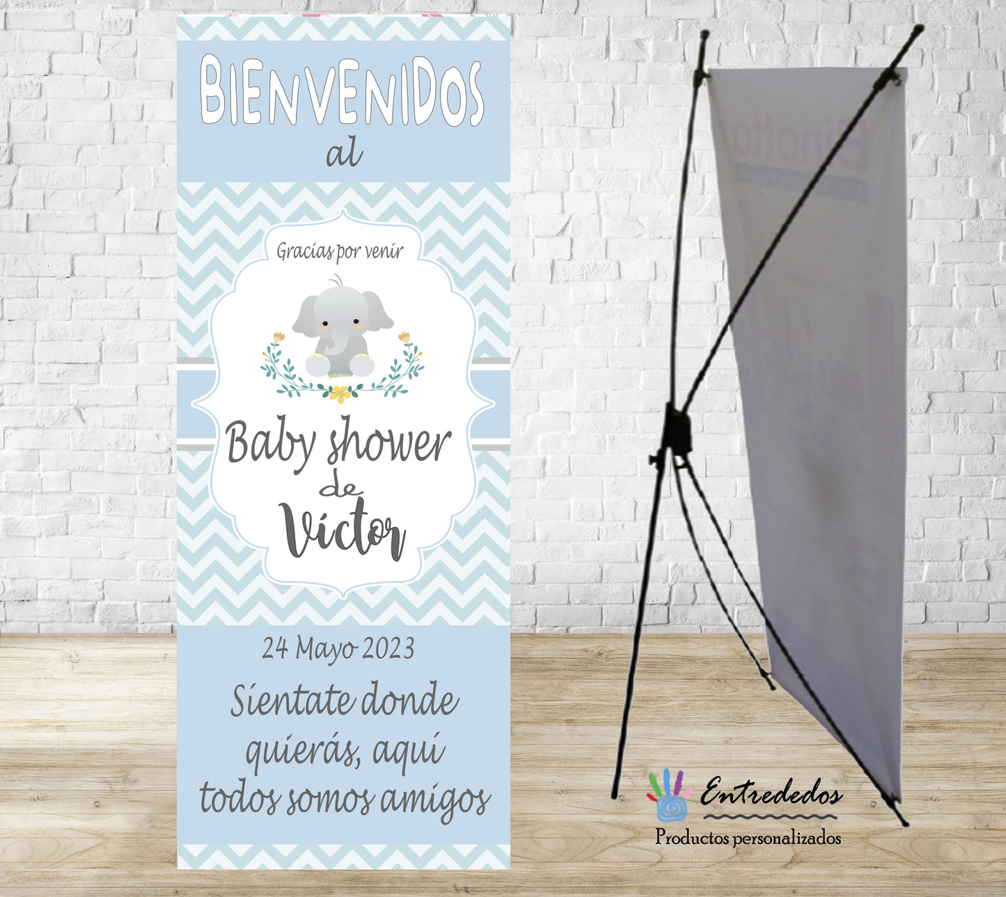 Banner para niños en tonos azules y grises con diseño elefante gris