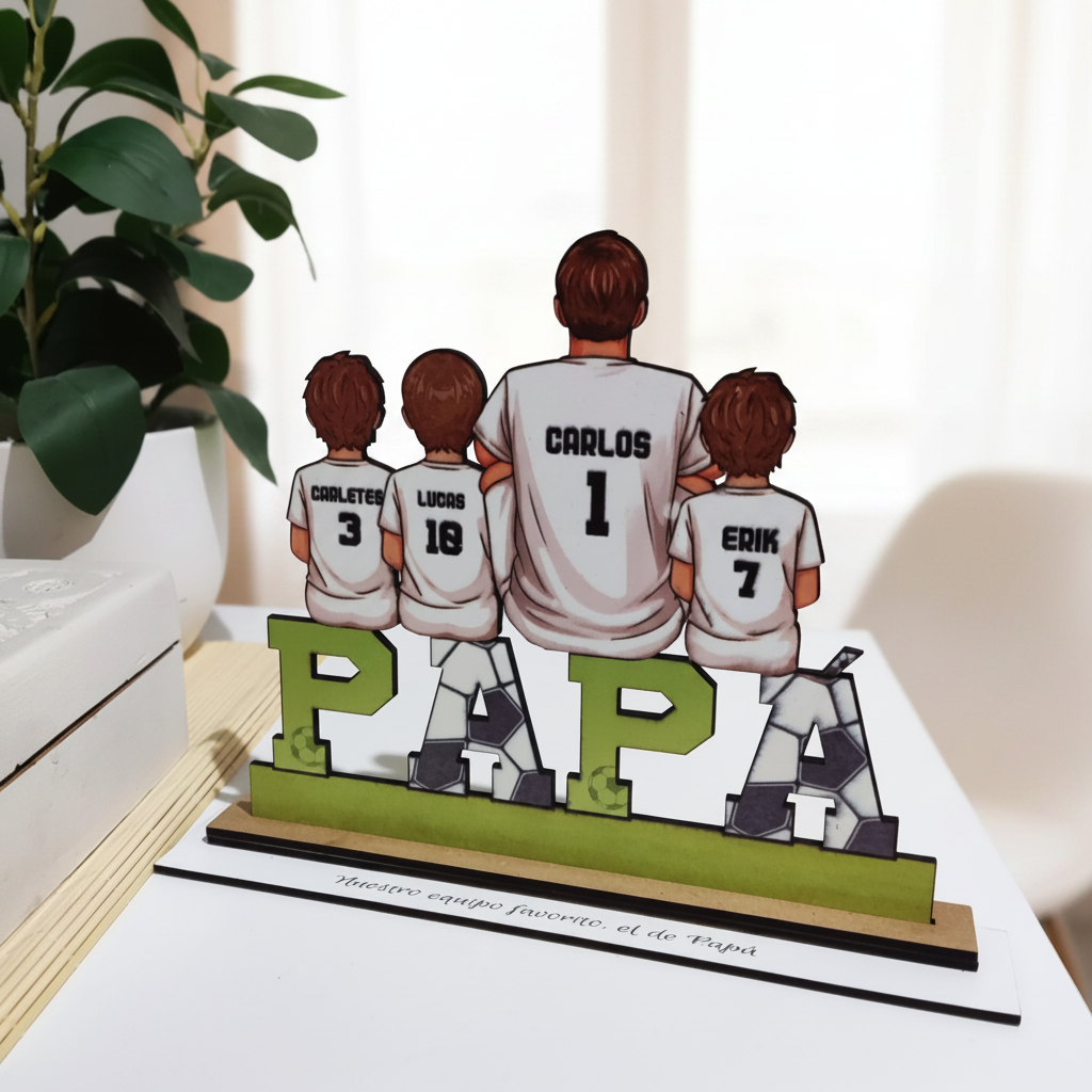 Regalo para papá futbolista con hijos en madera personalizado
