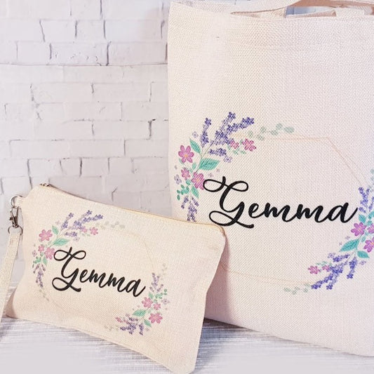 Bolsa tote bag y neceser personalizado con diseño floral y nombre
