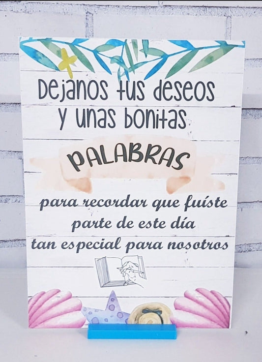 Cartel  decorativo con frase Déjanos tus deseos diseño conchas de mar