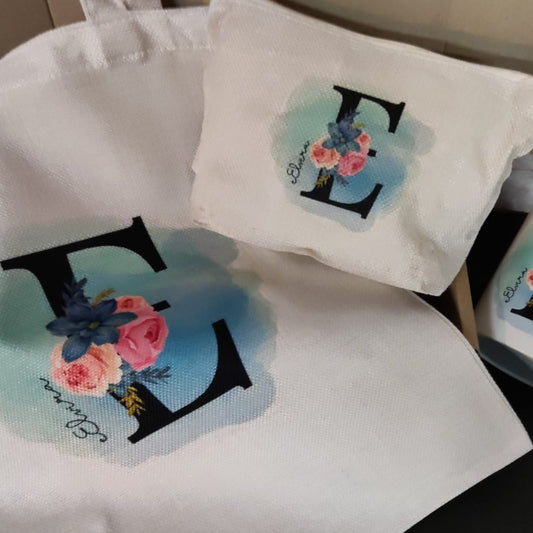 Kit regalo bolsa tote bag con diseño inicial y flores