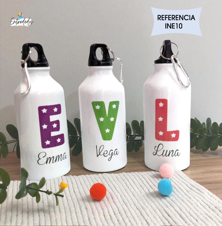 Botella reutilizable personalizada con nombre y mensaje de agradecimiento