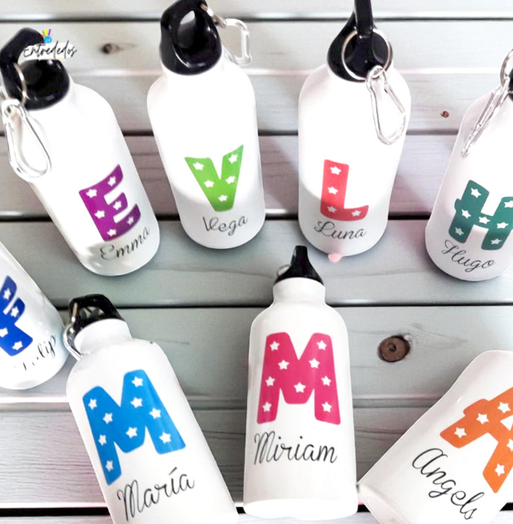Botella reutilizable personalizada con nombre y mensaje de agradecimiento