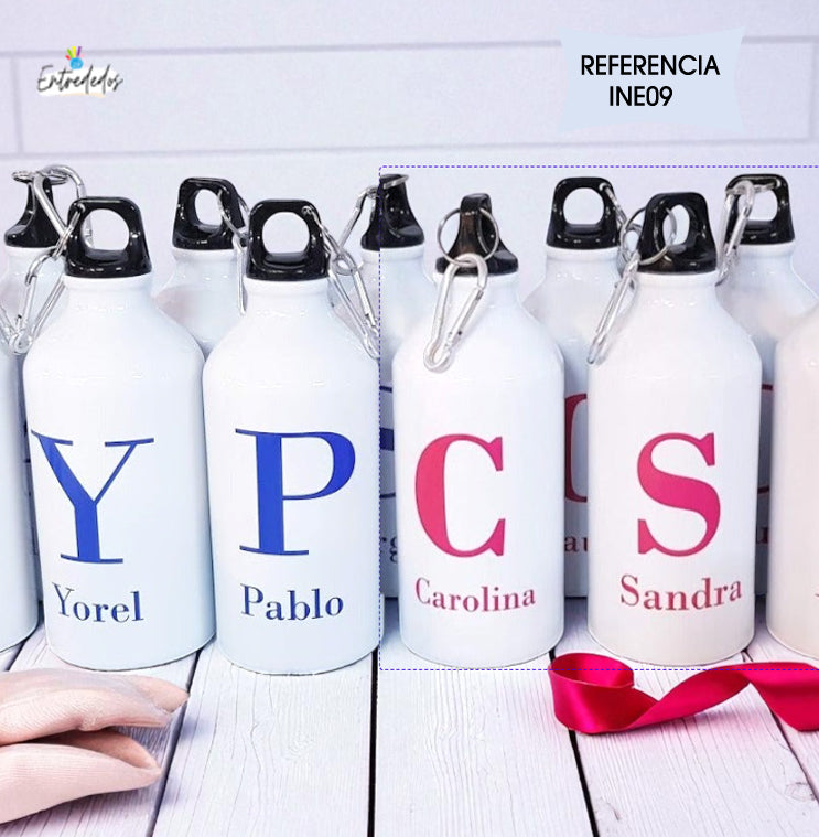 Botella reutilizable personalizada con nombre y mensaje de agradecimiento