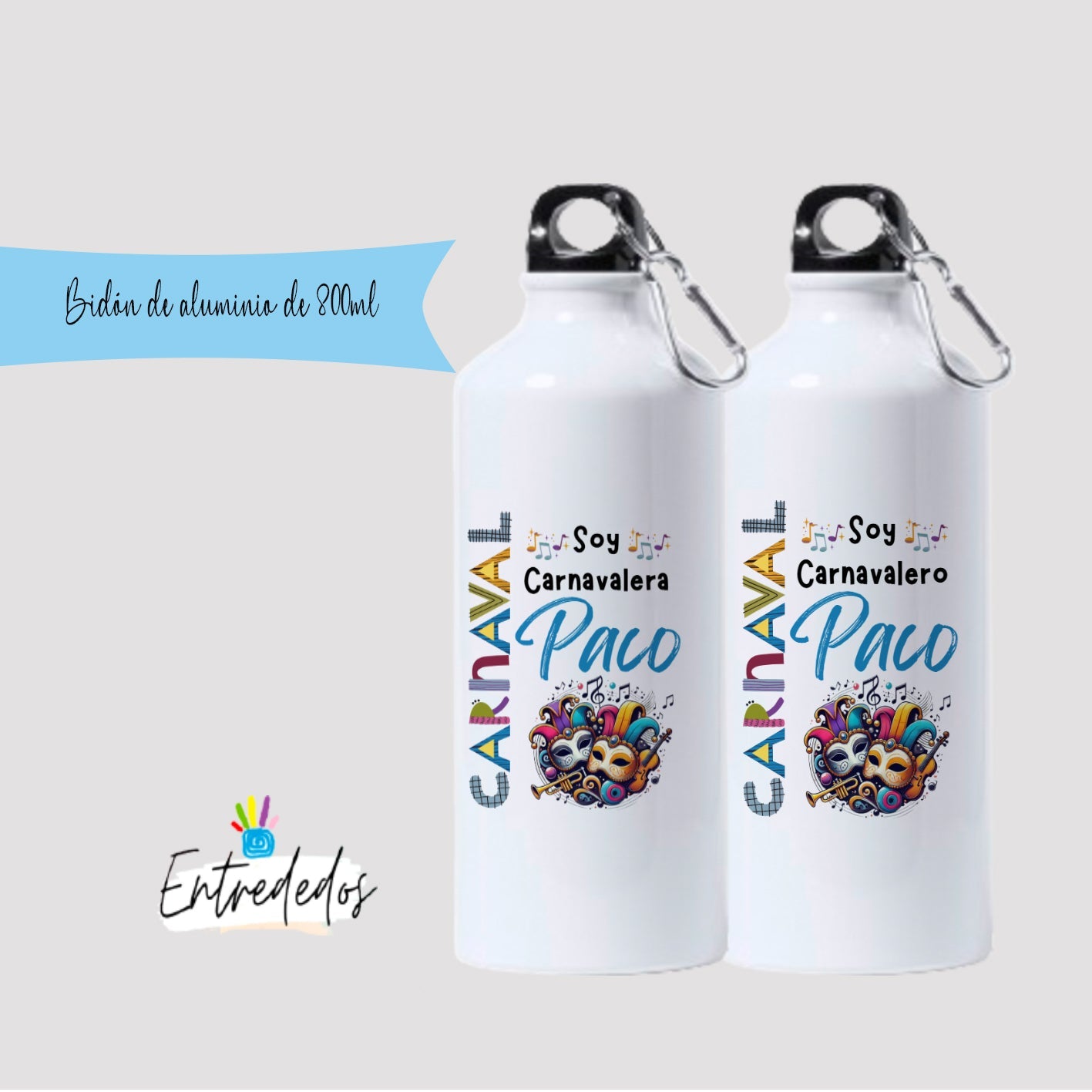 Botella reutilizable personalizada con nombre y mensaje de agradecimiento