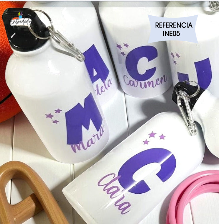 Botella reutilizable personalizada con nombre y mensaje de agradecimiento