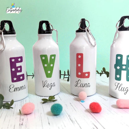 Botella reutilizable personalizada con nombre y mensaje de agradecimiento