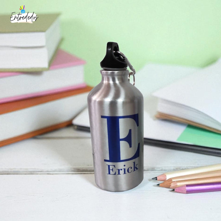 Botella reutilizable personalizada con nombre y mensaje de agradecimiento
