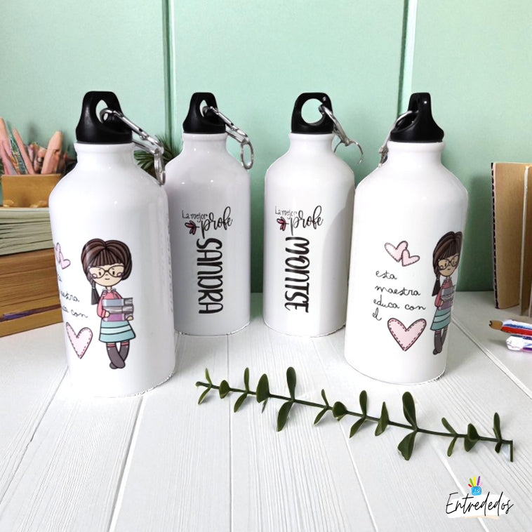 Botella reutilizable personalizada con nombre y mensaje de agradecimiento