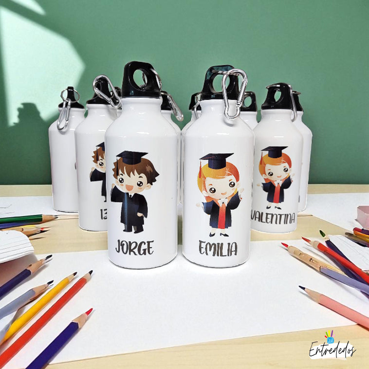 Botella reutilizable personalizada con nombre y mensaje de agradecimiento