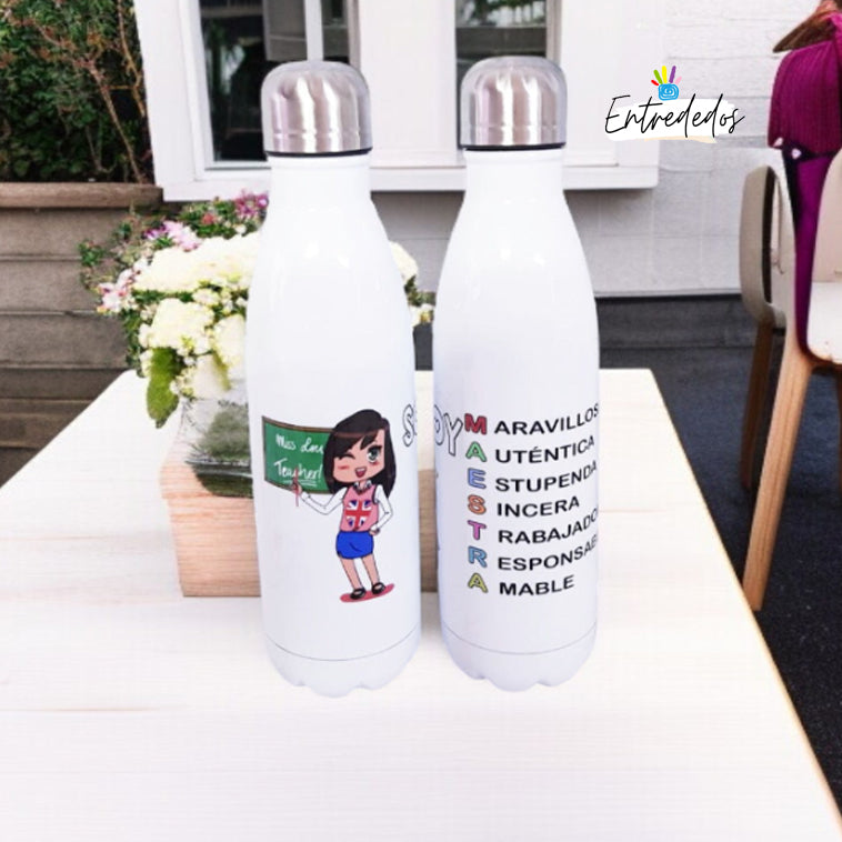Botella reutilizable personalizada con nombre y mensaje de agradecimiento