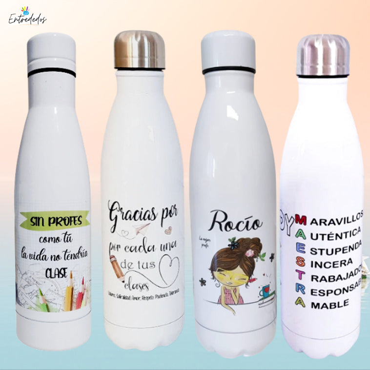 Botella reutilizable personalizada con nombre y mensaje de agradecimiento