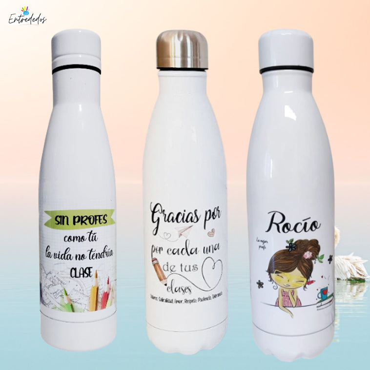 Botella reutilizable personalizada con nombre y mensaje de agradecimiento