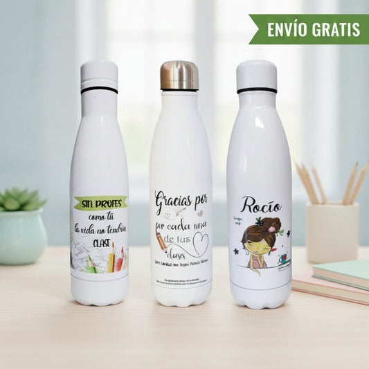 Botella reutilizable personalizada con nombre y mensaje de agradecimiento