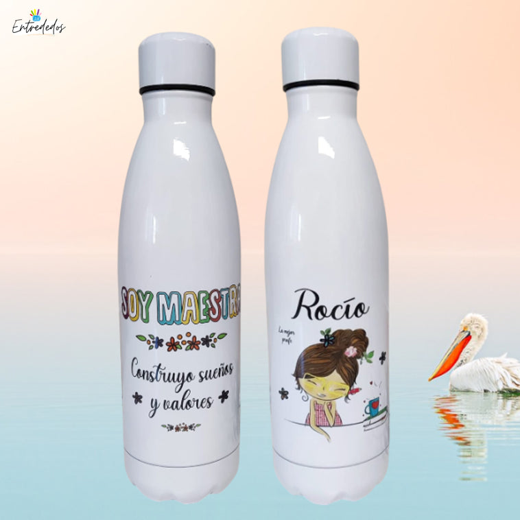 Botella reutilizable personalizada con nombre y mensaje de agradecimiento