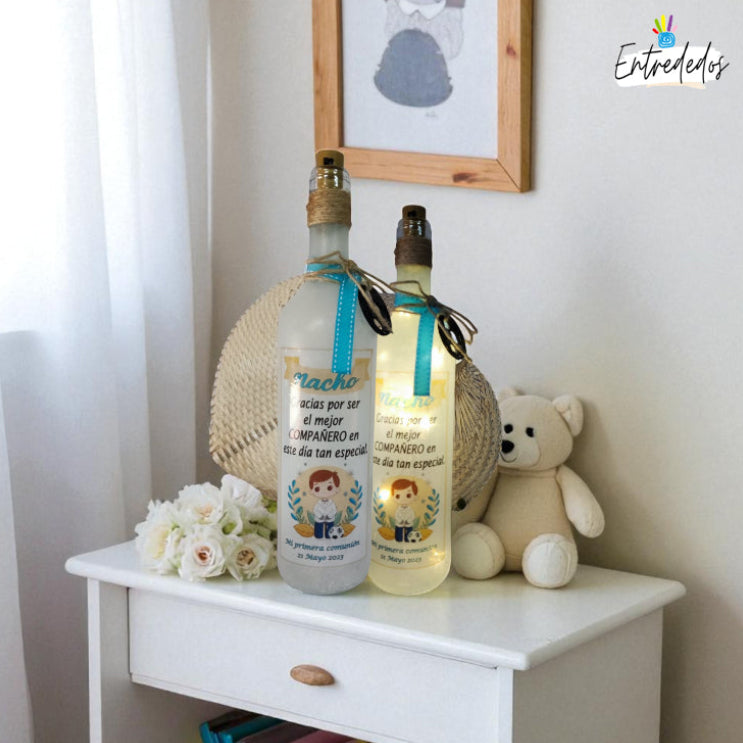 Botella luminosa personalizada con nombre y mensaje decorativo