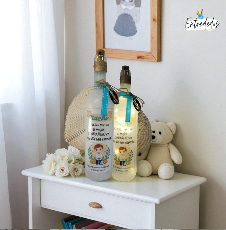 Botella luminosa personalizada con nombre y mensaje decorativo