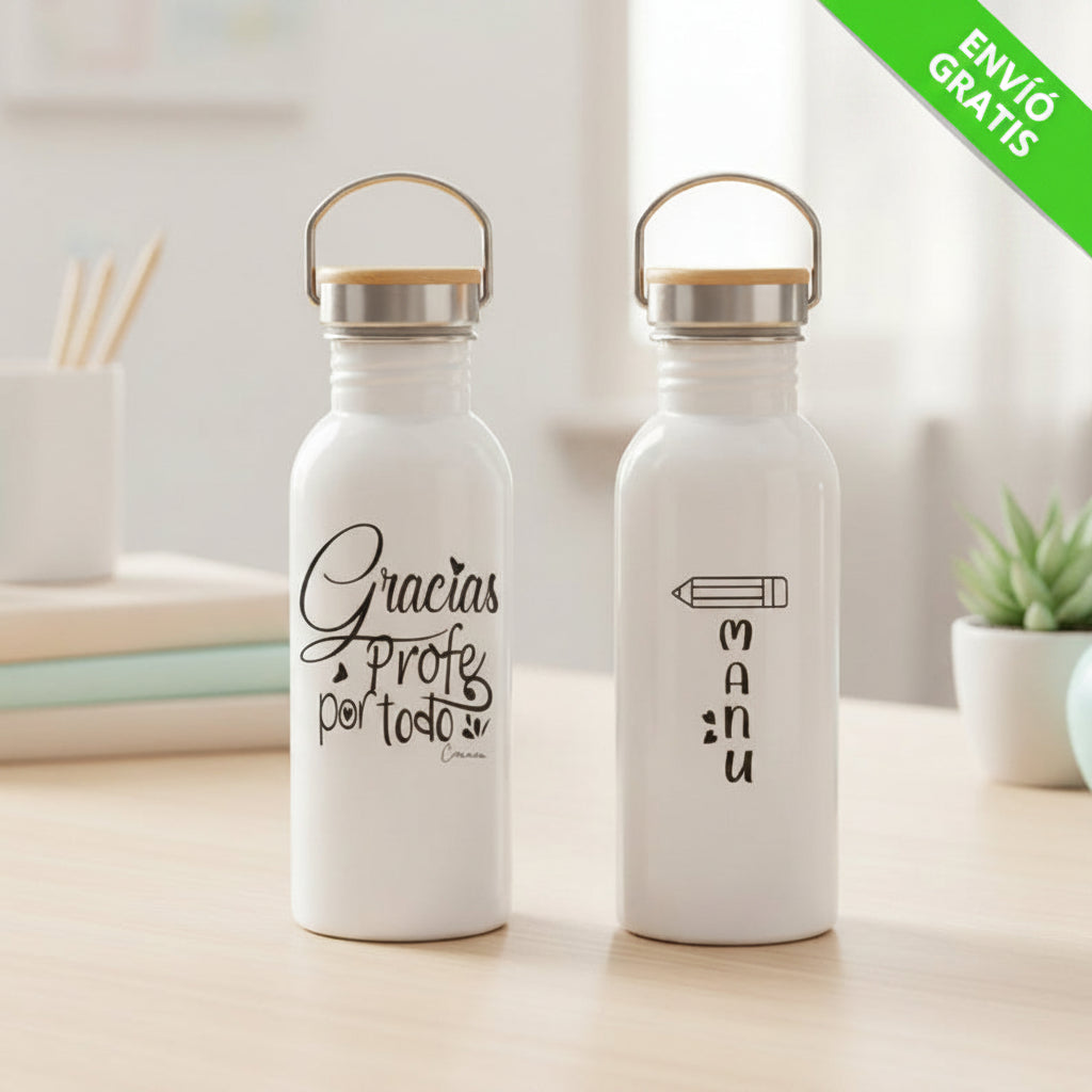 Botella reutilizable personalizada con nombre y mensaje de agradecimiento