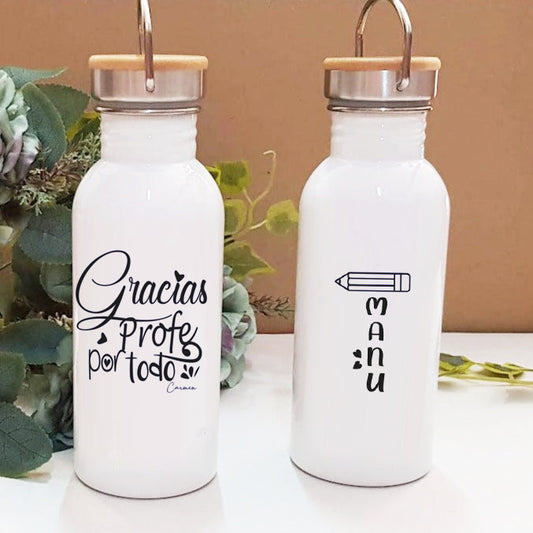 Botella reutilizable personalizada con nombre y mensaje de agradecimiento