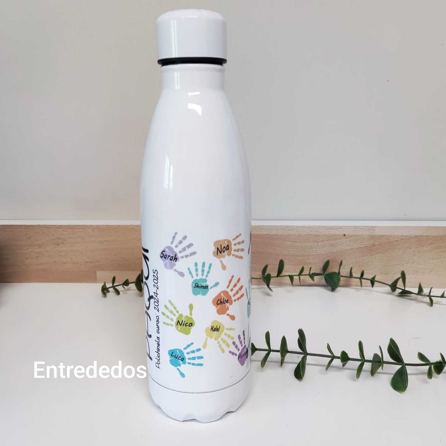 Botella reutilizable personalizada con nombre y mensaje de agradecimiento