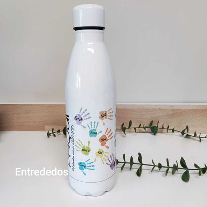 Botella reutilizable personalizada con nombre y mensaje de agradecimiento