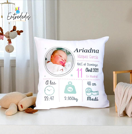 Cojín Natalicio Personalizado con Foto y Datos del Bebé – Regalo Original Recién Nacido