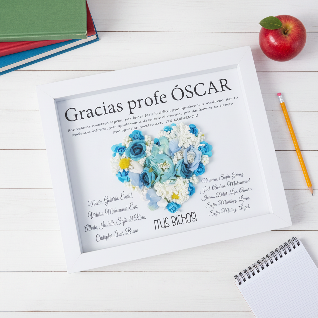 Regalo para Profesoras - Cuadro blanco con detalles en madera y flores