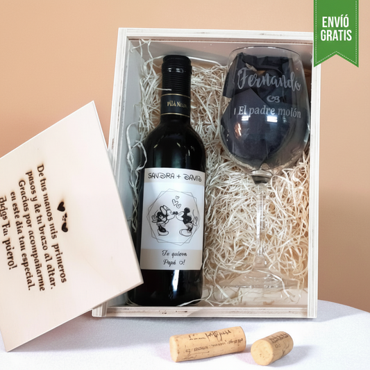 Caja de vino grabada con copa personalizada de 375 ml