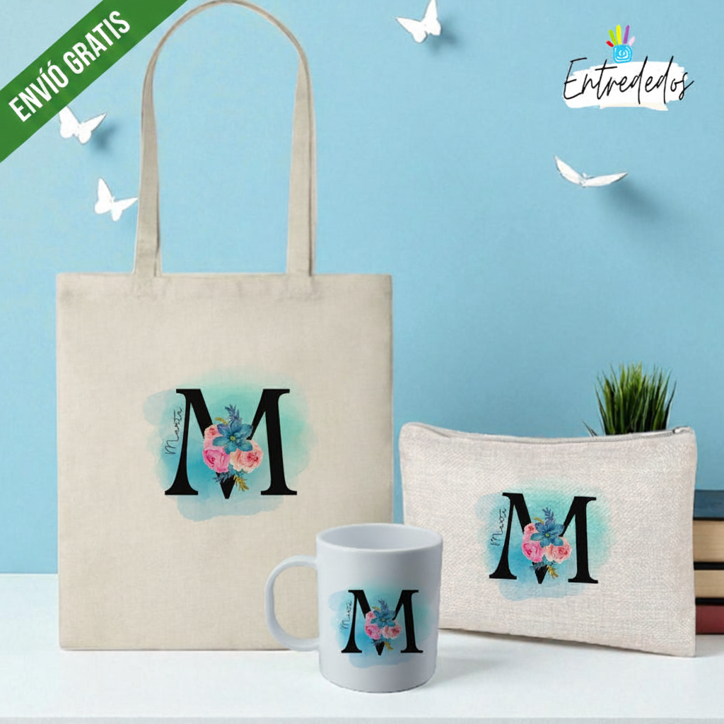 Regalos únicos: kit mujer con inicial y flores encantadoras