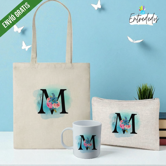 Regalos únicos: kit mujer con inicial y flores encantadoras