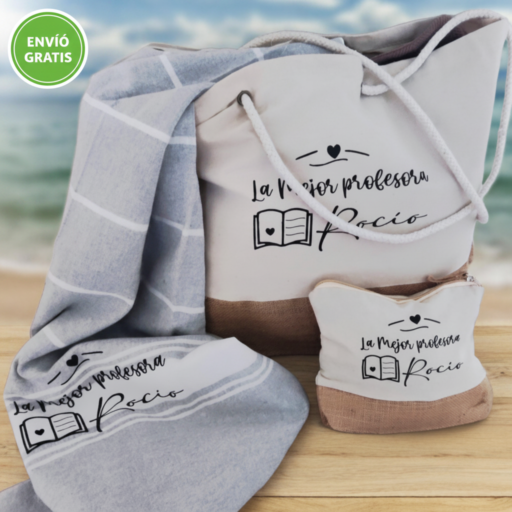 Regalo Personalizado para Profesora: Bolsa-Pareo-Neceser-Botella