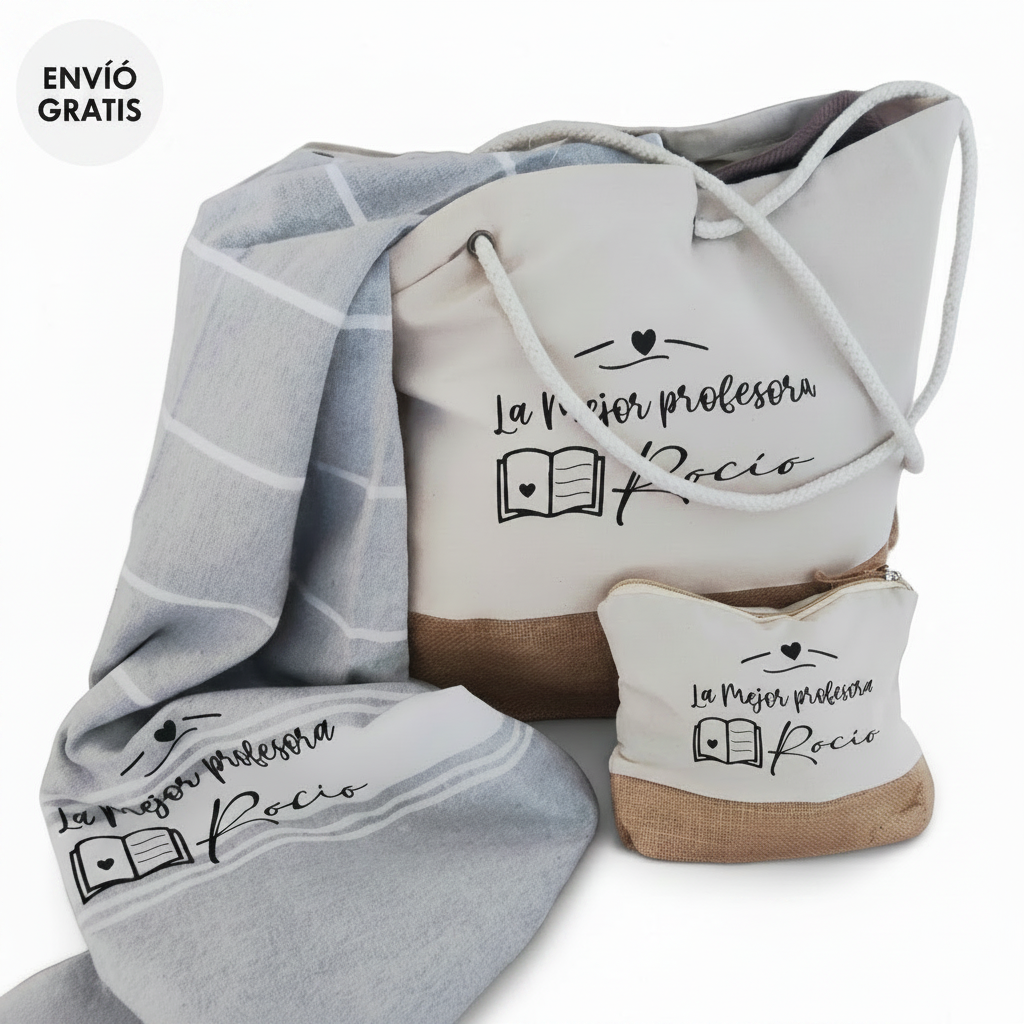Regalo Personalizado para Profesora: Bolsa-Pareo-Neceser-Botella