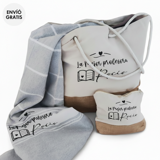 Regalo Personalizado para Profesora: Bolsa-Pareo-Neceser-Botella