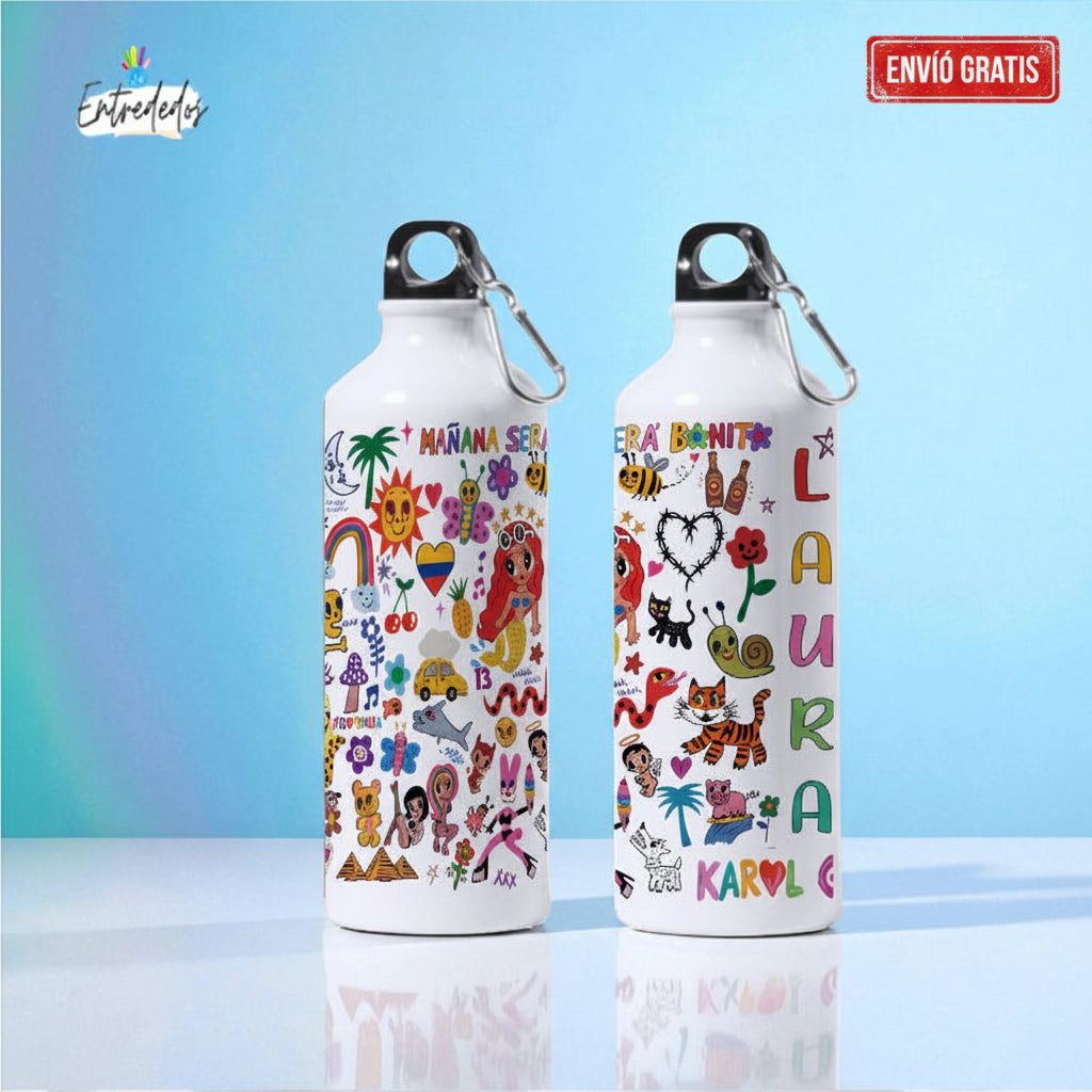 Botella reutilizable personalizada con nombre y mensaje de agradecimiento