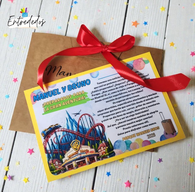 carta sorpresa personalizada anunciando un viaje mágico a dos parques temáticos, con diseño infantil y colores alegres"