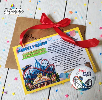 carta sorpresa personalizada anunciando un viaje mágico a dos parques temáticos, con diseño infantil y colores alegres"