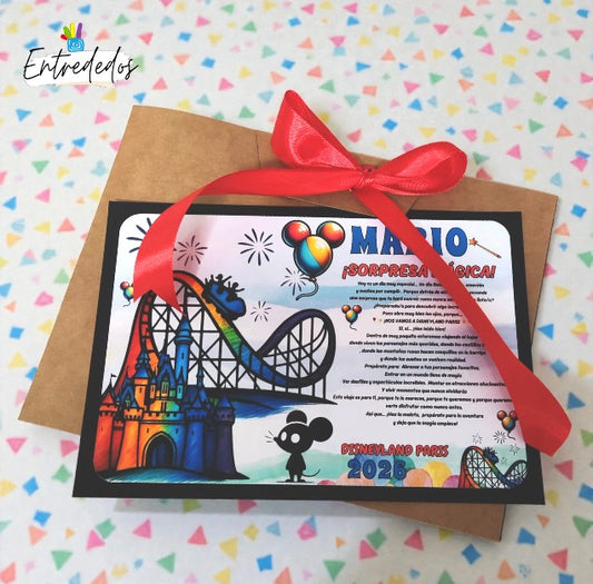 sorpresa mágica, viaje sorpresa, anuncio de viaje, carta sorpresa infantil, experiencia mágica, aventura en familia, regalo especial para niños, sorpresa de viaje, carta personalizada, diseño infantil mágico, regalo original para niños, viaje a parque temático, día mágico, ilusión infantil, sorpresa para peques, carta mágica personalizada